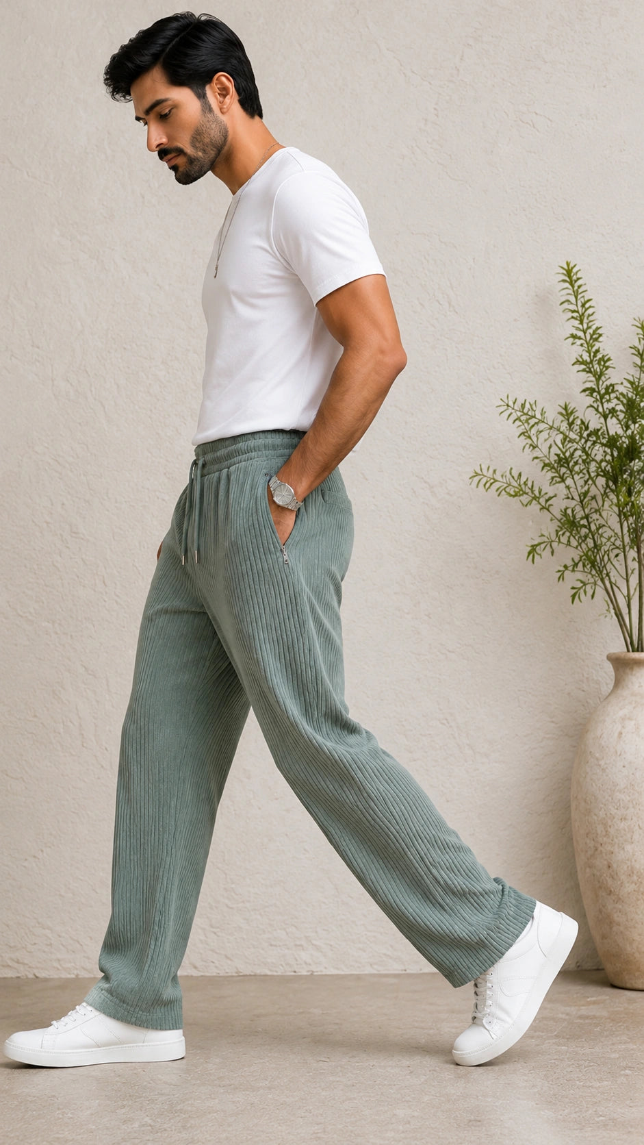 Sage Green Ribbed Track Pants for Men | Premium Relaxed Fit Textured Joggers with Zip Pockets