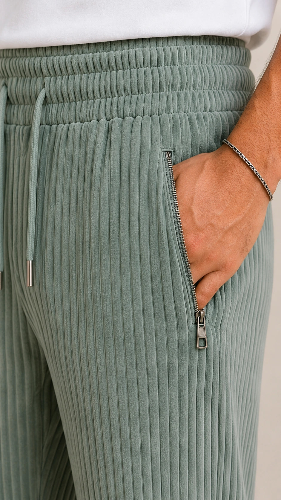 Sage Green Ribbed Track Pants for Men | Premium Relaxed Fit Textured Joggers with Zip Pockets