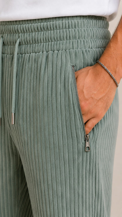 Sage Green Ribbed Track Pants for Men | Premium Relaxed Fit Textured Joggers with Zip Pockets