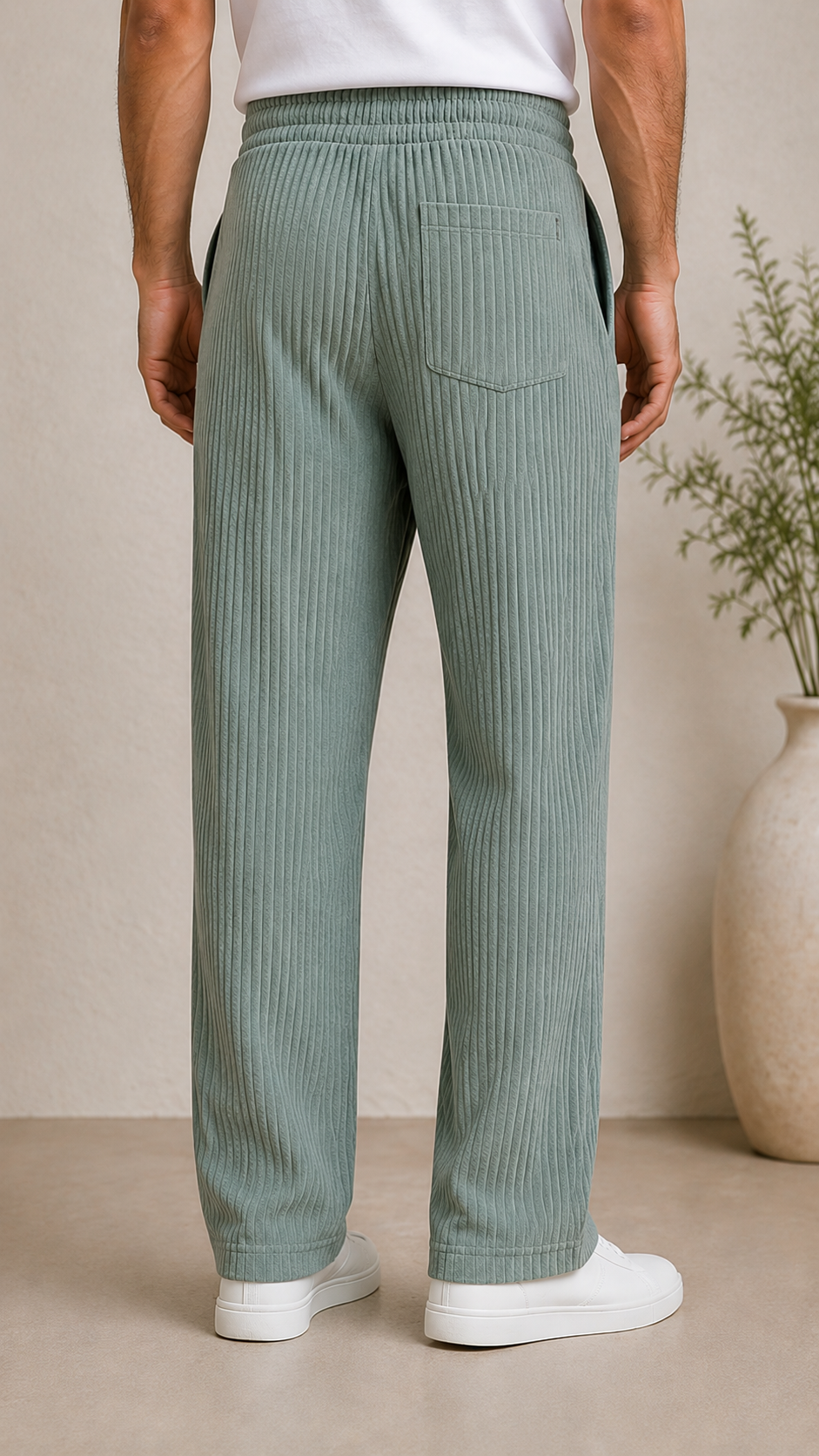 Sage Green Ribbed Track Pants for Men | Premium Relaxed Fit Textured Joggers with Zip Pockets
