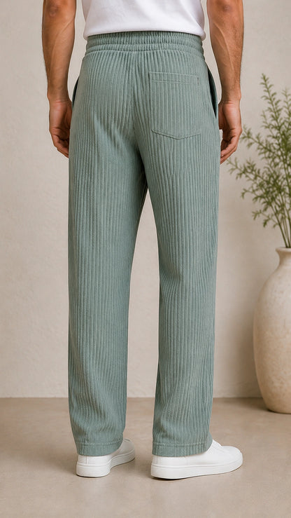 Sage Green Ribbed Track Pants for Men | Premium Relaxed Fit Textured Joggers with Zip Pockets