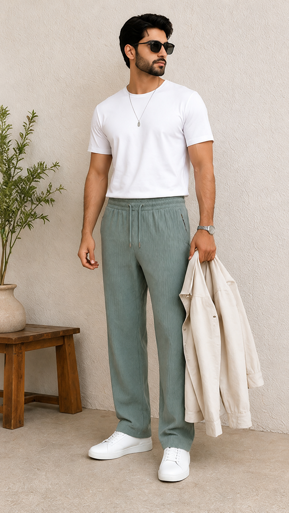 Sage Green Ribbed Track Pants for Men | Premium Relaxed Fit Textured Joggers with Zip Pockets