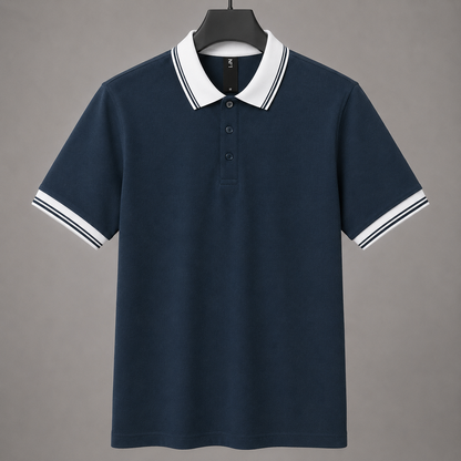 Men’s Premium Navy Blue Polo T-Shirt with White Contrast Collar & Sleeve Stripes