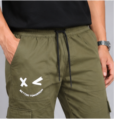 Olive Green Printed Cargo Joggers for Men – Slim Fit Multi-Pocket Casual Streetwear Pants