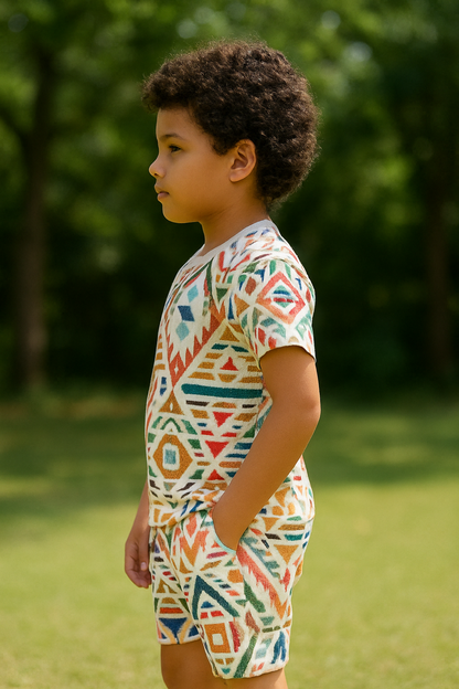 Kids Tribal Geometric Printed T-Shirt & Shorts Co-ord Set – Looper Polyester Casual Wear