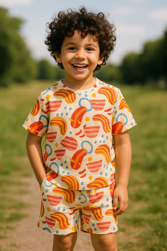 Kids Rainbow Abstract Print T-Shirt & Shorts Co-ord Set – Soft Looper Polycotton Summer Outfit