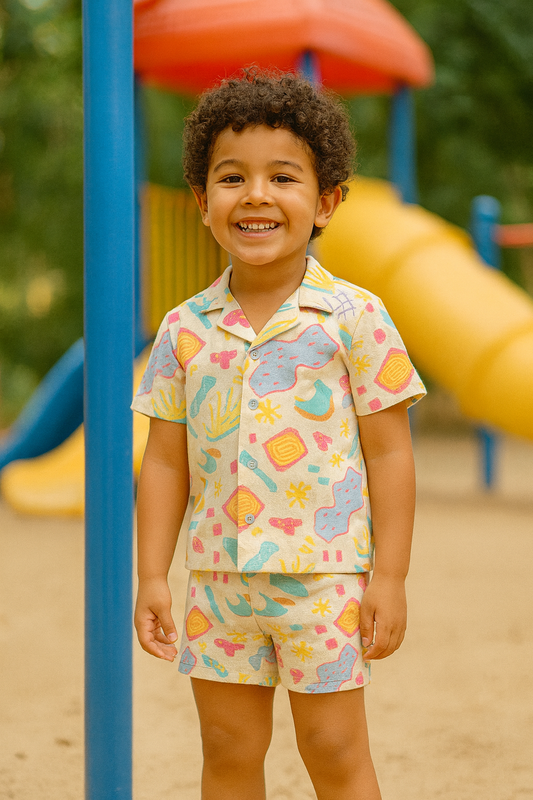 Kids Abstract Print Shirt & Shorts Co-ord Set – Soft Looper Polycotton Summer Outfit