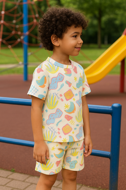 Kids Abstract Print Shirt & Shorts Co-ord Set – Soft Looper Polycotton Summer Outfit