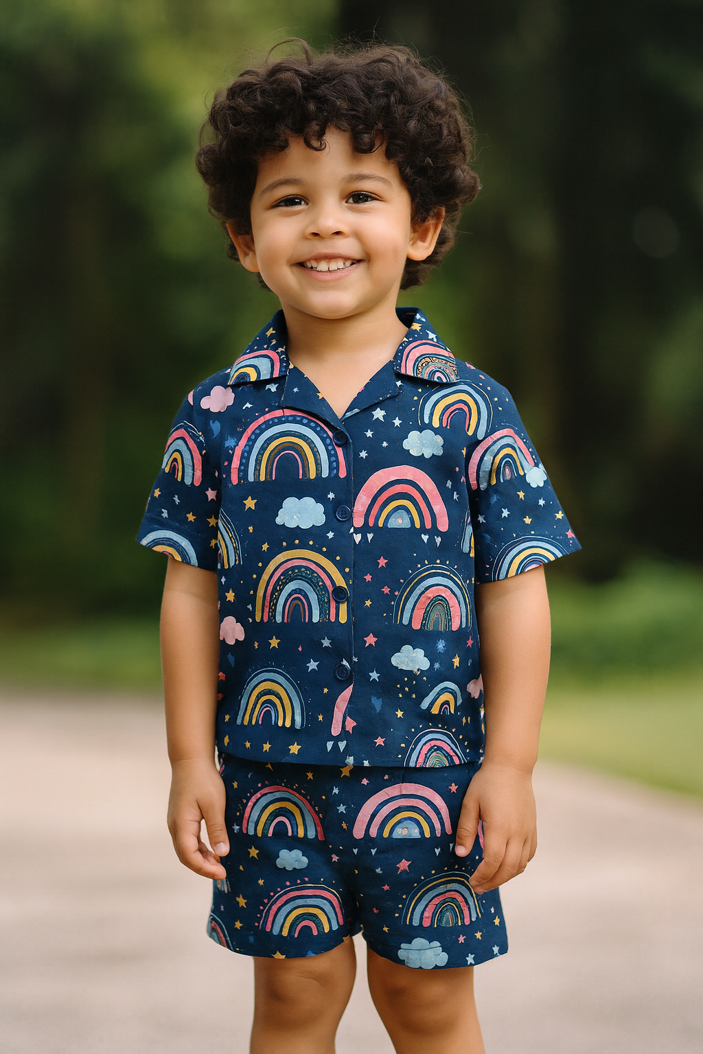 Kids Navy Rainbow & Star Print Shirt & Shorts Co-ord Set – Soft Looper Polyester Outfit