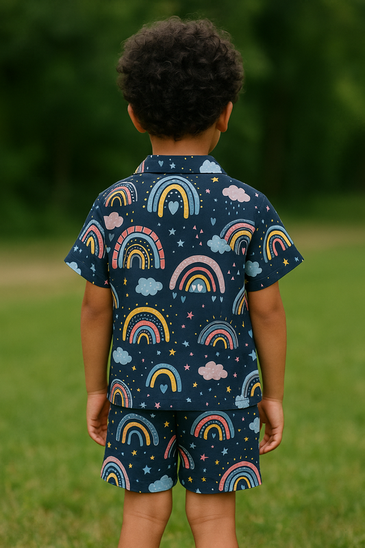 Kids Navy Rainbow & Star Print Shirt & Shorts Co-ord Set – Soft Looper Polyester Outfit