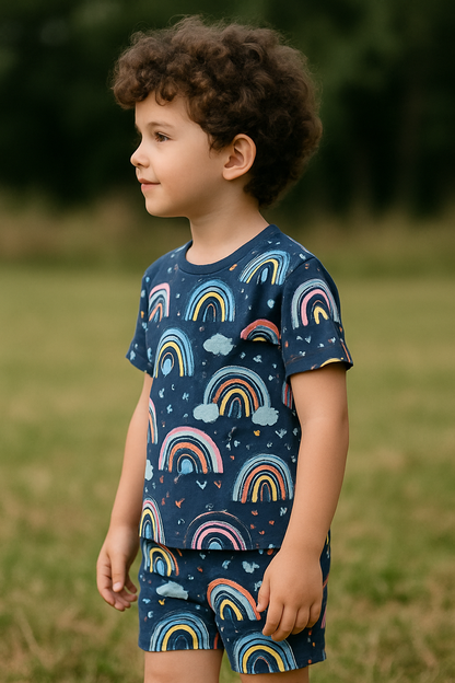 Kids Navy Rainbow & Star Print Shirt & Shorts Co-ord Set – Soft Looper Polyester Outfit