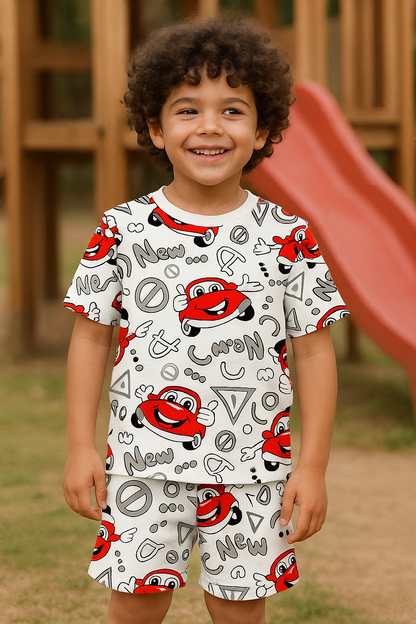 Kids Red Car Print T-Shirt & Shorts Co-ord Set – Soft Looper Polyester Playwear