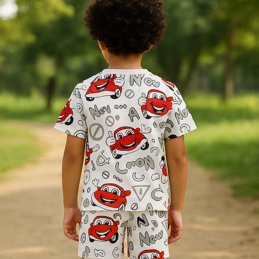 Kids Red Car Print T-Shirt & Shorts Co-ord Set – Soft Looper Polyester Playwear