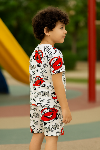 Kids Red Car Print T-Shirt & Shorts Co-ord Set – Soft Looper Polyester Playwear