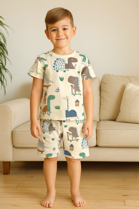 Kids Dinosaur Print T-Shirt & Shorts Co-ord Set – Soft Looper Polyester Outfit