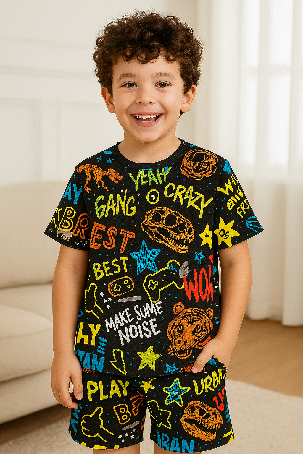 Kids Neon Graphic Print T-Shirt & Shorts Co-ord Set – Soft Looper Polyester Casual Outfit