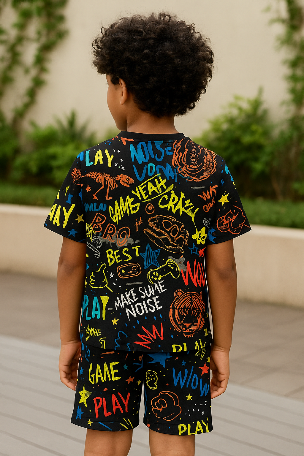 Kids Neon Graphic Print T-Shirt & Shorts Co-ord Set – Soft Looper Polyester Casual Outfit