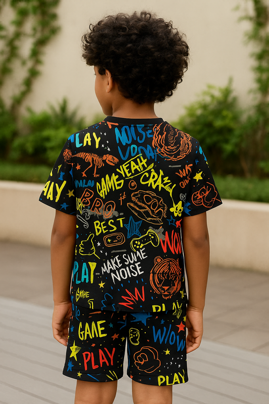 Kids Neon Graphic Print T-Shirt & Shorts Co-ord Set – Soft Looper Polyester Casual Outfit