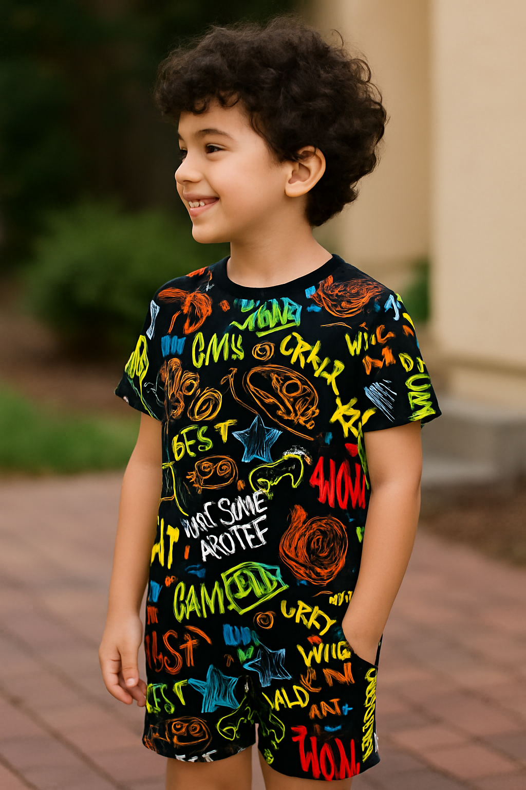 Kids Neon Graphic Print T-Shirt & Shorts Co-ord Set – Soft Looper Polyester Casual Outfit