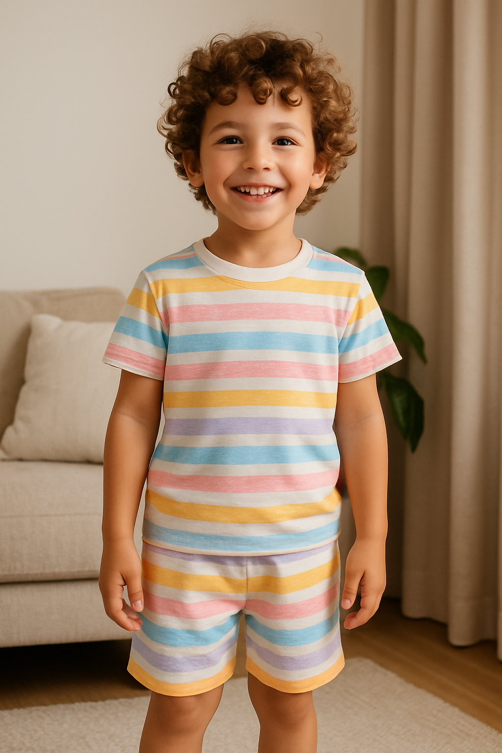 Kids Pastel Rainbow Stripe T-Shirt & Shorts Co-ord Set – Soft Looper Polyester Loungewear