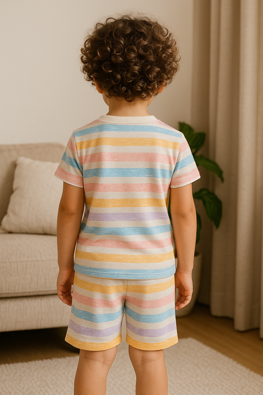 Kids Pastel Rainbow Stripe T-Shirt & Shorts Co-ord Set – Soft Looper Polyester Loungewear