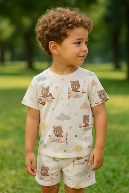 Kids Bear Airplane Printed T-Shirt & Shorts Co-ord Set – Looper Polyester Playwear