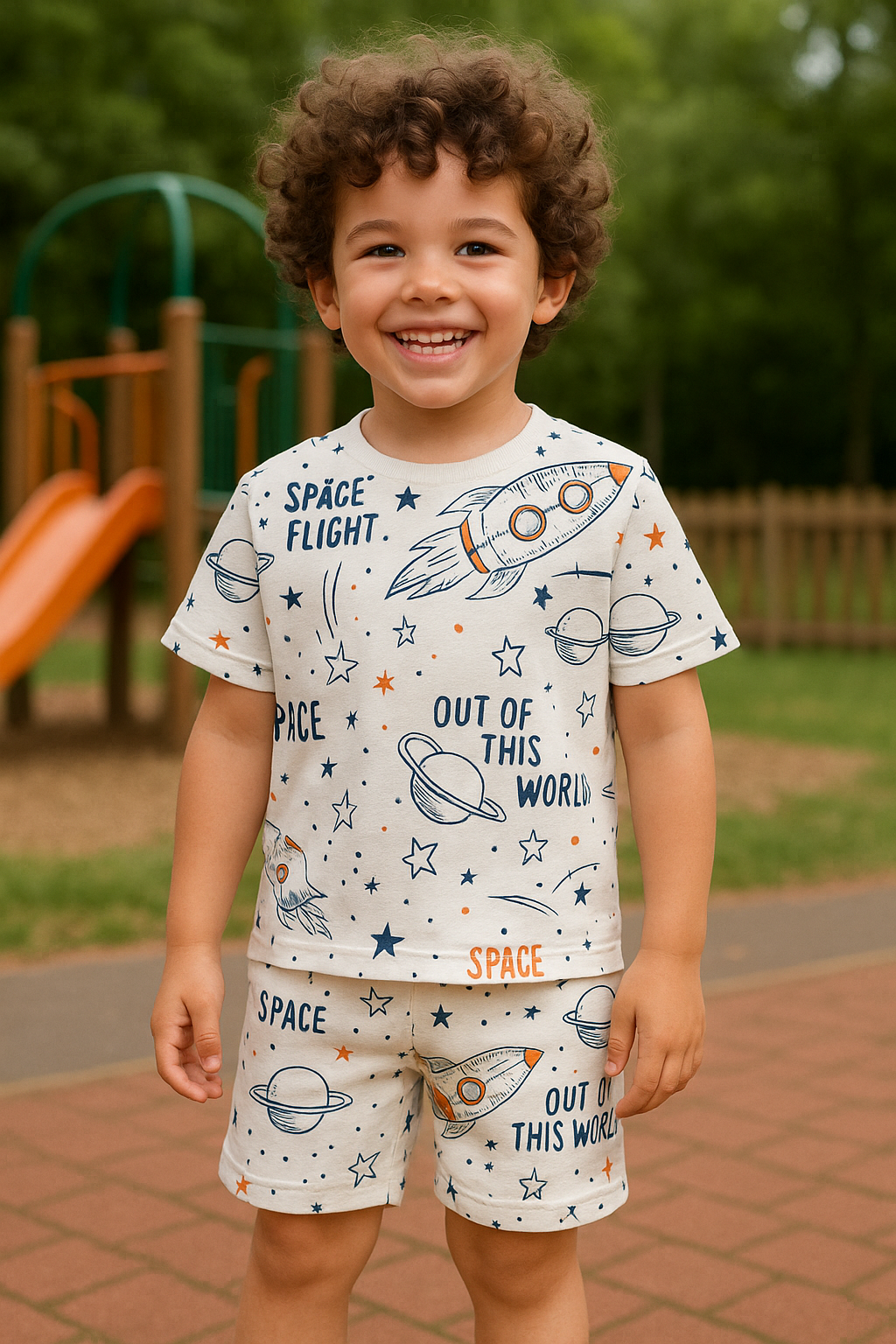 Kids Space Rocket Print T-Shirt & Shorts Co-ord Set – Soft Looper Polyester Casual Outfit