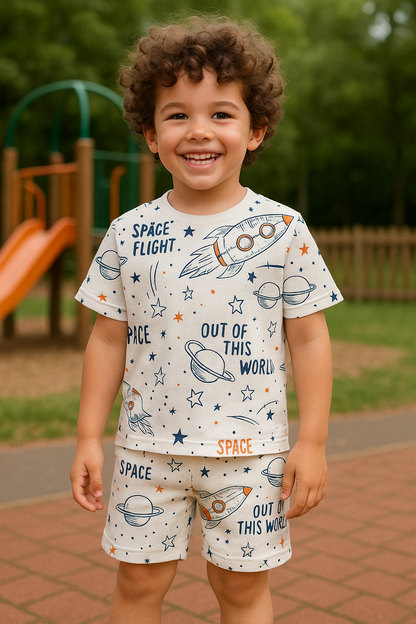 Kids Space Rocket Print T-Shirt & Shorts Co-ord Set – Soft Looper Polyester Casual Outfit