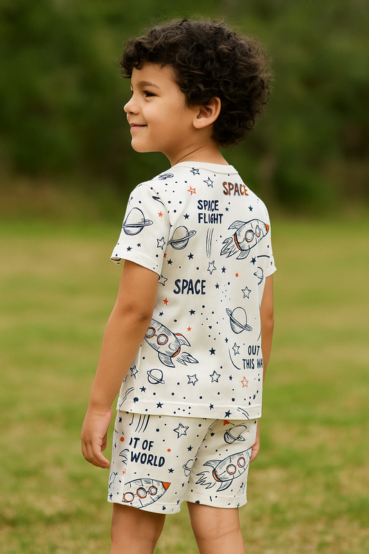 Kids Space Rocket Print T-Shirt & Shorts Co-ord Set – Soft Looper Polyester Casual Outfit
