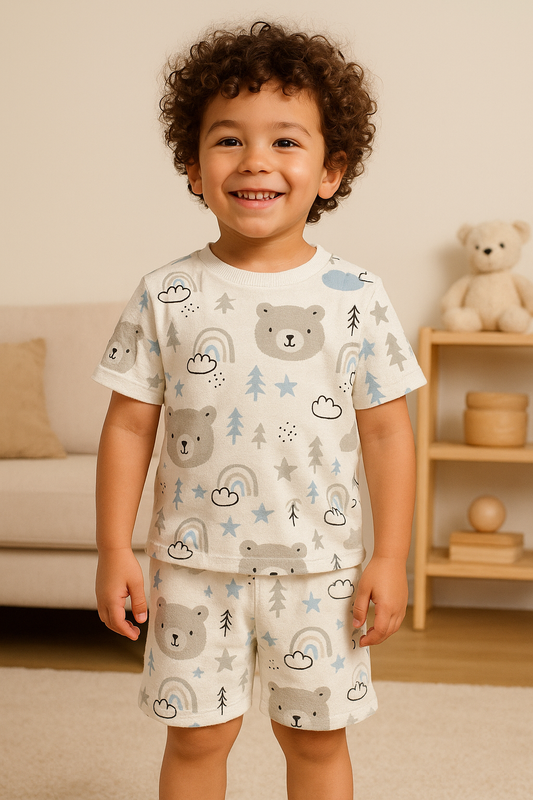 Kids Teddy Bear Print T-Shirt & Shorts Co-ord Set – Soft Looper Polyester Loungewear