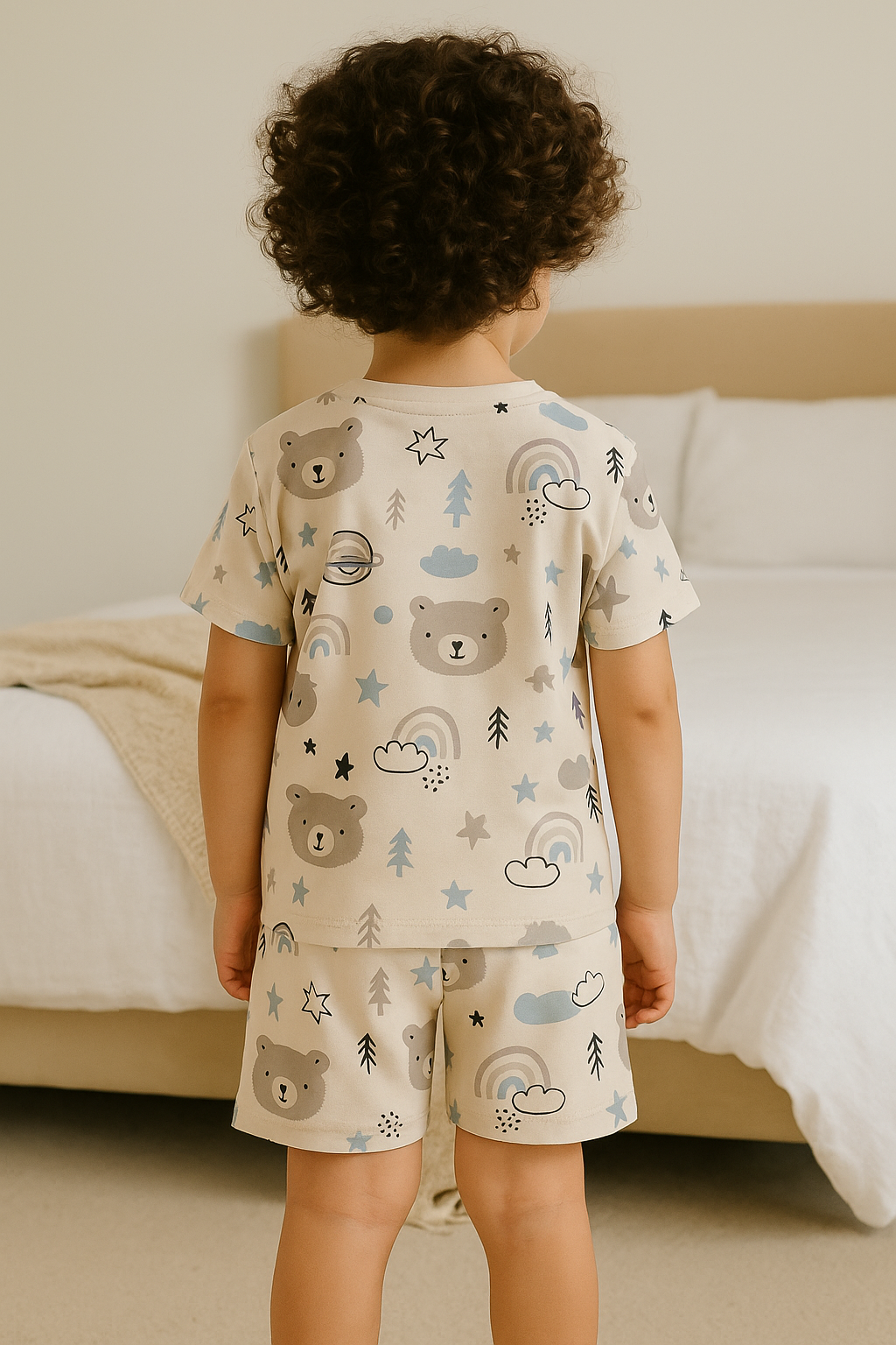 Kids Teddy Bear Print T-Shirt & Shorts Co-ord Set – Soft Looper Polyester Loungewear