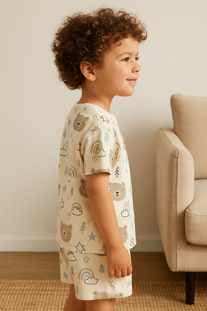 Kids Teddy Bear Print T-Shirt & Shorts Co-ord Set – Soft Looper Polyester Loungewear