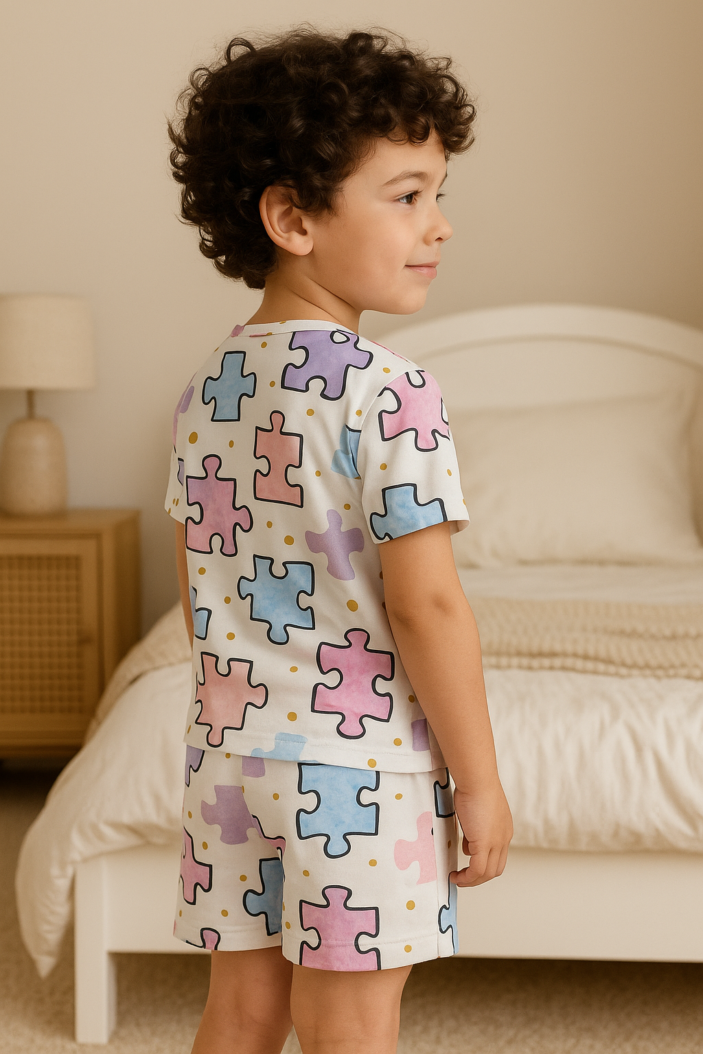 Kids Puzzle Print T-Shirt & Shorts Co-ord Set – Soft Looper Polyester Playwear