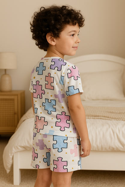 Kids Puzzle Print T-Shirt & Shorts Co-ord Set – Soft Looper Polyester Playwear