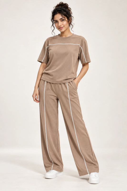 Women’s Beige Co-ord Lounge Set | Relaxed Fit T-Shirt & Wide Leg Pants
