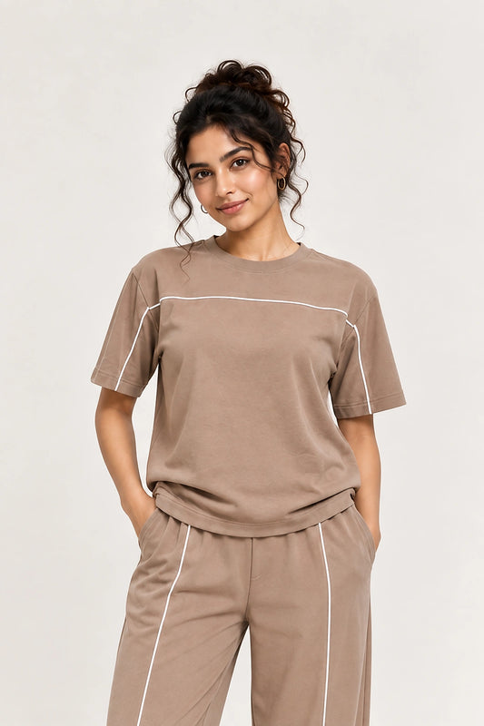 Women’s Beige Co-ord Lounge Set | Relaxed Fit T-Shirt & Wide Leg Pants