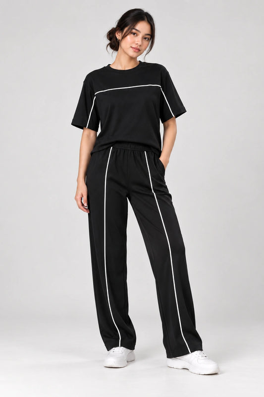 Women’s Black Co-ord Lounge Set | Premium Relaxed Fit T-Shirt & Straight Pants Set