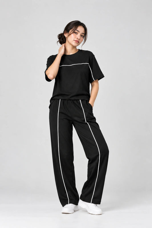 Women’s Black Co-ord Lounge Set | Premium Relaxed Fit T-Shirt & Straight Pants Set