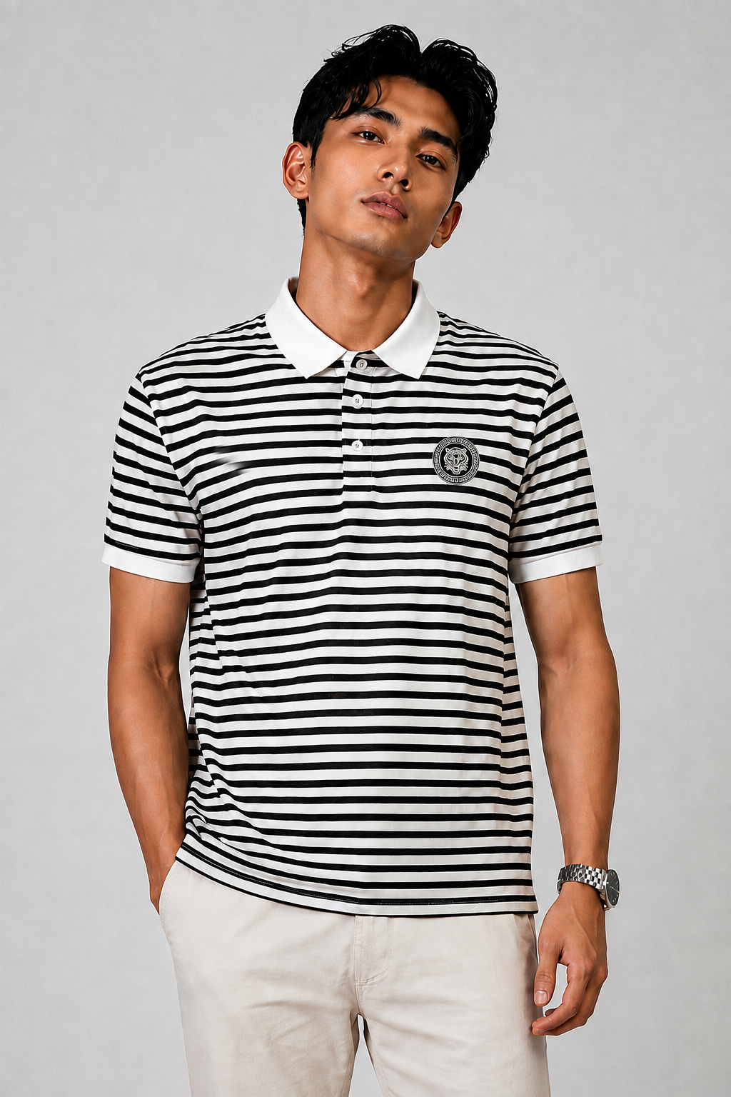 Horcun Men’s Black & White Striped Polo T-Shirt with Embroidered Tiger Logo