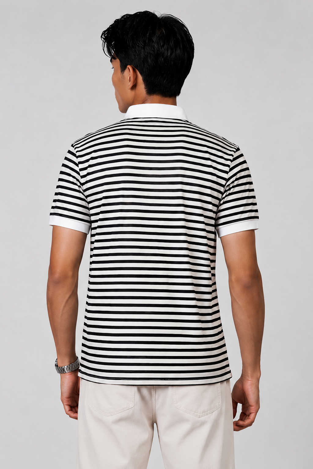 Horcun Men’s Black & White Striped Polo T-Shirt with Embroidered Tiger Logo