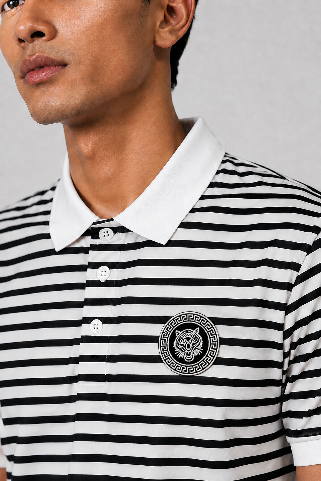 Horcun Men’s Black & White Striped Polo T-Shirt with Embroidered Tiger Logo