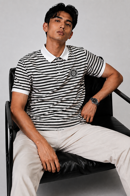 Horcun Men’s Black & White Striped Polo T-Shirt with Embroidered Tiger Logo