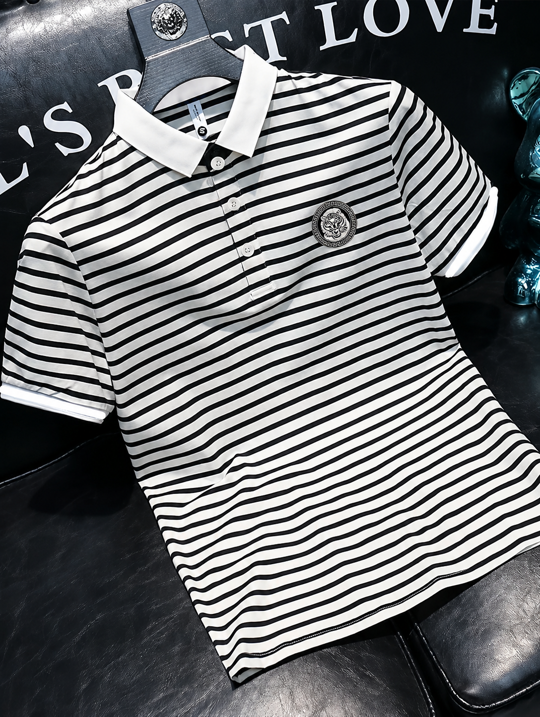 Horcun Men’s Black & White Striped Polo T-Shirt with Embroidered Tiger Logo