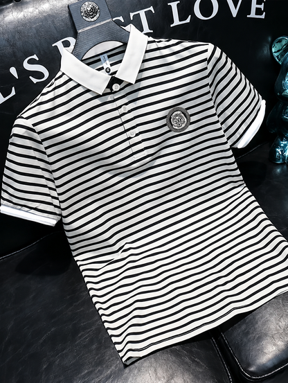 Horcun Men’s Black & White Striped Polo T-Shirt with Embroidered Tiger Logo