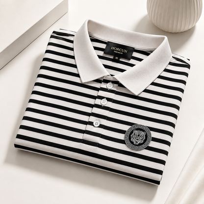 Horcun Men’s Black & White Striped Polo T-Shirt with Embroidered Tiger Logo