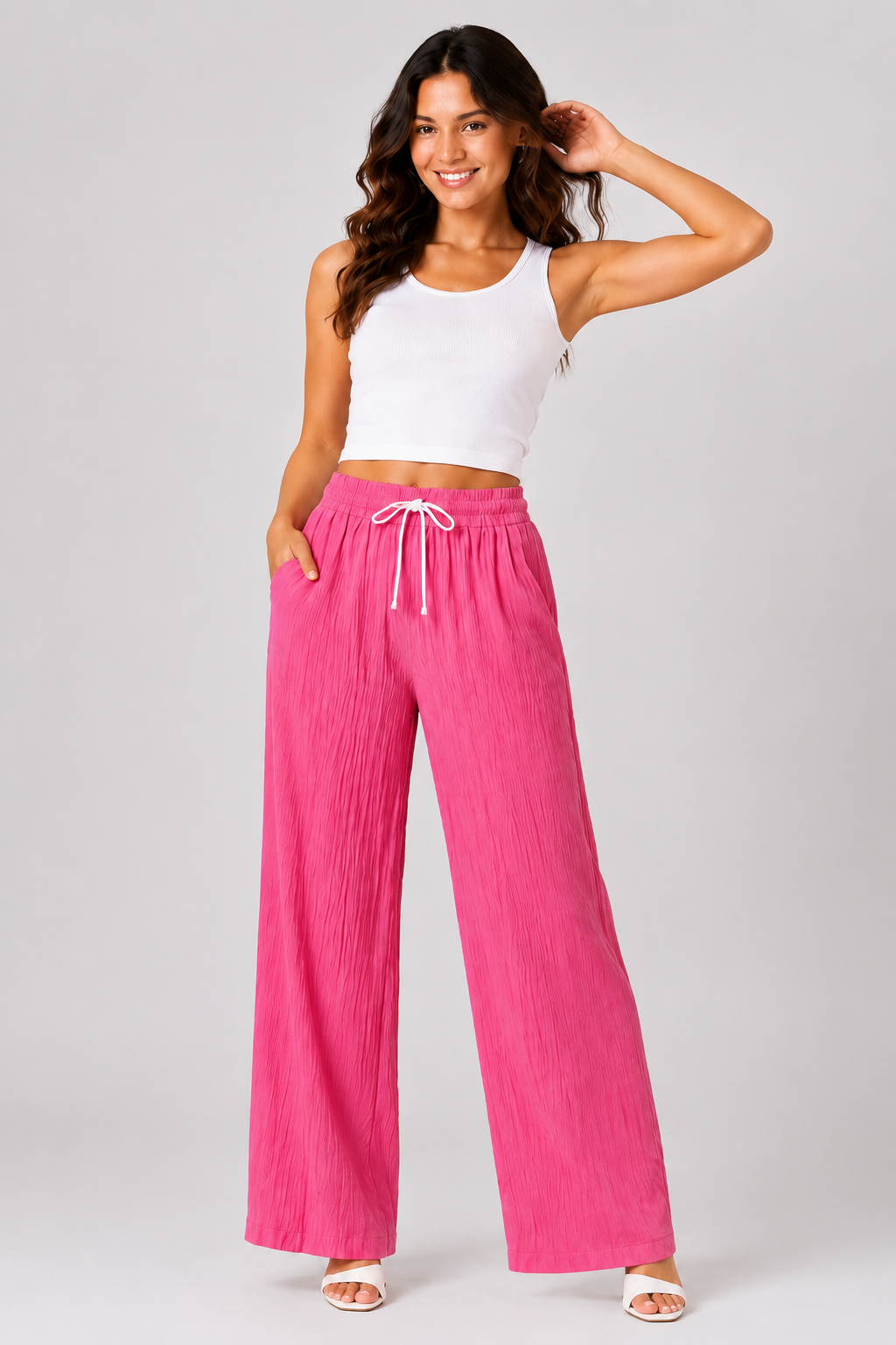 Pink Wide Leg Palazzo Pants for Women | Elastic Waist Crinkle Lounge Trousers