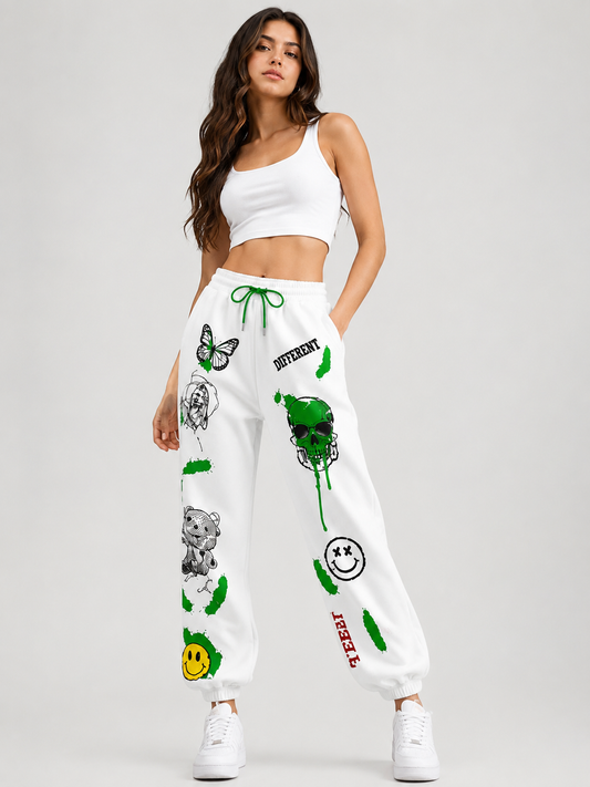 Women White Graphic Printed Joggers – Stylish Casual Streetwear & Lounge Pants