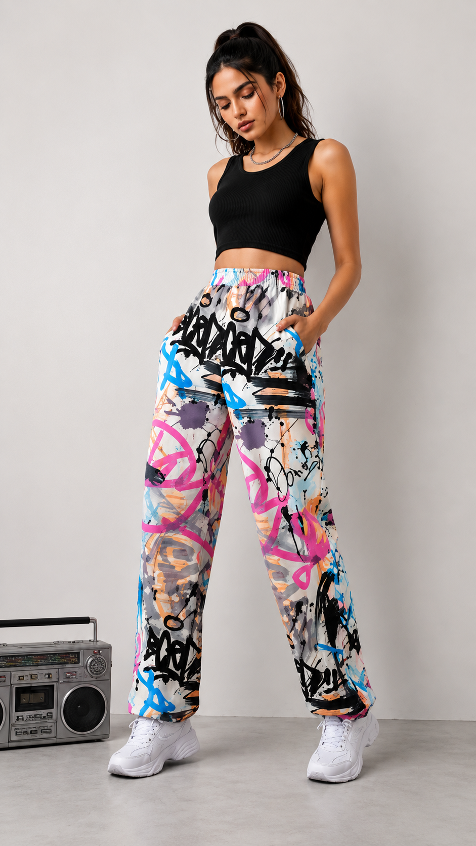 Women Graffiti Printed Wide Leg Pants – Stylish Casual Streetwear & Lounge Trousers