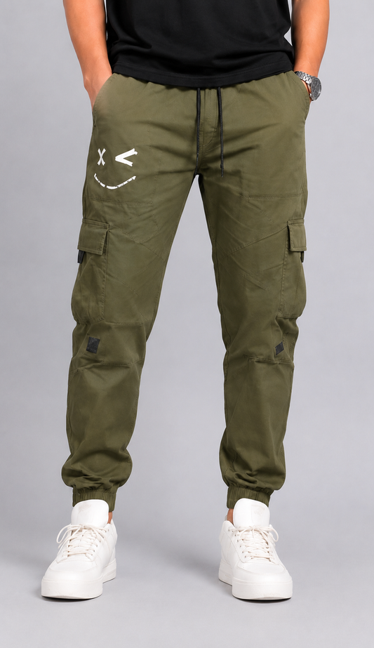 Olive Green Printed Cargo Joggers for Men – Slim Fit Multi-Pocket Casual Streetwear Pants