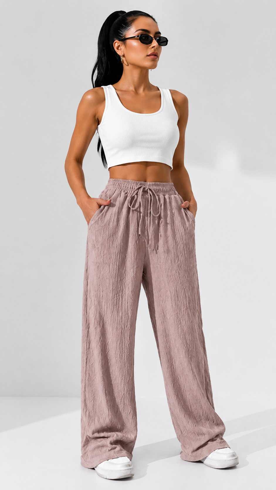 Dusty Rose Wide Leg Palazzo Pants for Women | Elastic Waist Crinkle Lounge Trousers